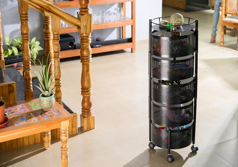 Rasvesh Rasvesh Iron Kitchen Trolley with Wheels Kitchen Organizer Items and Storage Solutions for Round Kitchen Organizer and Kitchen Accessories Items Black Round 5 Layer  - Image 1