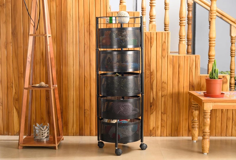 Rasvesh Rasvesh Iron Kitchen Trolley with Wheels Kitchen Organizer Items and Storage Solutions for Round Kitchen Organizer and Kitchen Accessories Items Black Round 5 Layer  - Image 3