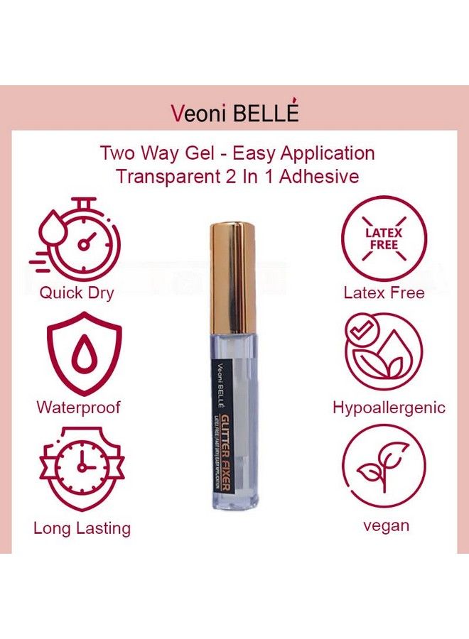 Veoni Belle Glitter Glue & Lash Glue Fixer Combo 7Ml Glitter Adhesive Two Way Gel Transparent Glitter Glue And Black Eyelash Glue Liner For Eyelashes - Image 4