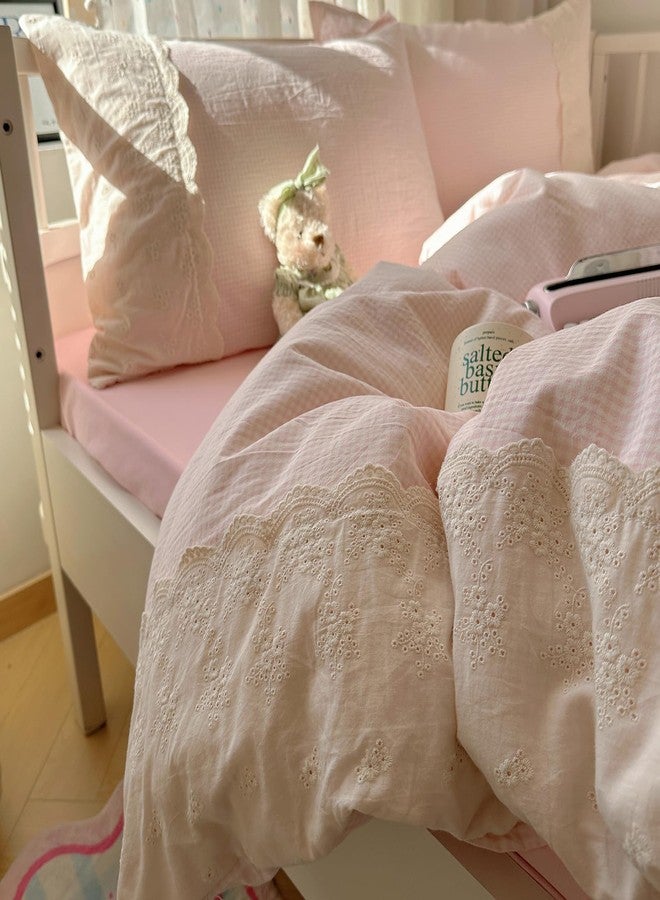MOTNTD Pink Gingham Full Size Comforter Sets Fluffy Lightweight Bedding Set Farmhouse Boho Cozy Lace-Trimmed Bedding Comforter Down Alternative Microfiber Textured Plaid Comforter with 2 Pillowcases - Image 5