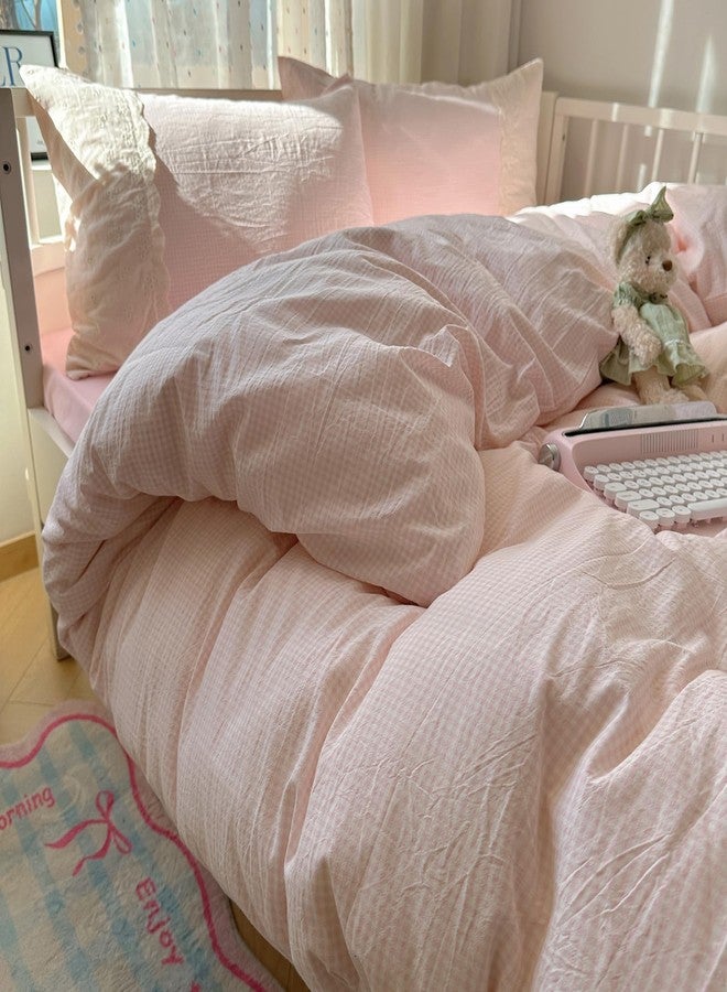MOTNTD Pink Gingham Full Size Comforter Sets Fluffy Lightweight Bedding Set Farmhouse Boho Cozy Lace-Trimmed Bedding Comforter Down Alternative Microfiber Textured Plaid Comforter with 2 Pillowcases - Image 1