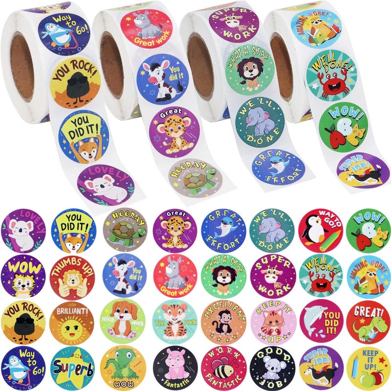 HOXBUR 2000Pcs Reward Stickers, 4Rolls Animal Styles Teacher Motivational Sticker for School Classroom Supplies - Image 1