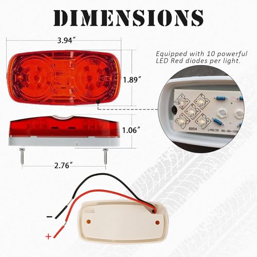 NEW SUN 2 Pcs Red Trailer RV Side Marker LED Light, Bullseye/TigerEye/Double Bubble Clearance Light 10 Led, 12V 4x2 Rectangular, Surface Mount, Camper, Trucks, Rvs - Image 2