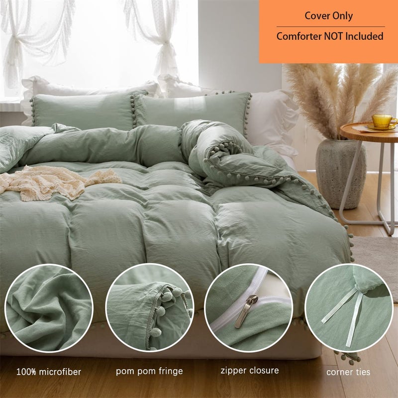 IHOUSTRIY 3 Pieces Duvet Cover Set Bedding Ball Fringe Pattern Design Soft Dark Sage Green Bedding Sets 1 Duvet Cover 2 Ball Fringe Pillow Shams - Queen, Green - Image 2