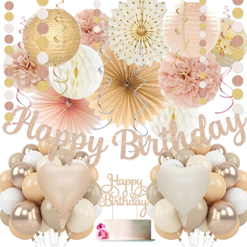 Vztipki Champagne-Gold Beige Birthday Decorations for Women Girls,Cream Neutral Balloons DÃ©cor,Happy Banner,Boho Peach Paper Lanterns Tissue Pom Poms Fan,Anniversary Princess Backdrop Party Supplies - Image 1