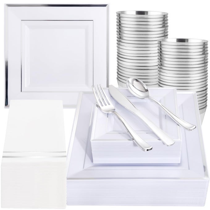 350PCS SILVER PLATES SILVER SQUARE PLASTIC PLATES 9 5 AND 6 SERVE FOR 50 GUESTS INCLUDE 50 CUPS 50PLASTIC CUTLERY 50HAND NAPKINS PERFECT FOR PARTYWEDDINGBIRTHDAYEASTER DAY