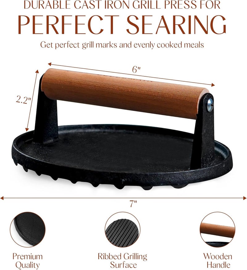 Bellemain Heavy Duty Cast Iron Smash Burger Press 7" Round Grill Press for Cooking Burgers, Bacon, Sandwiches, Steak, BBQ, Ground Beef, Meats, Sausages, and So On - Image 2
