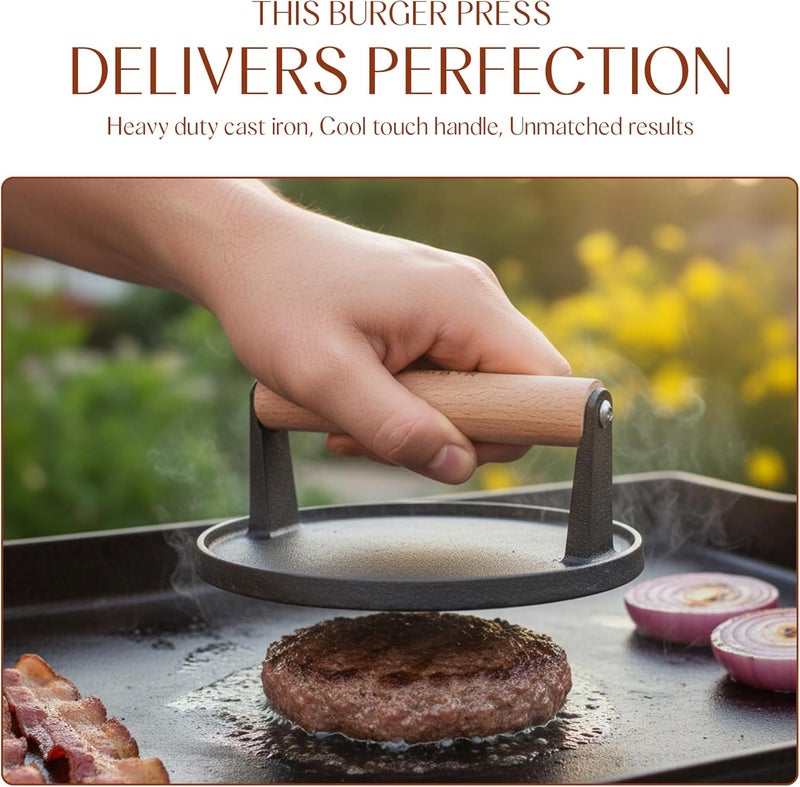 Bellemain Heavy Duty Cast Iron Smash Burger Press 7" Round Grill Press for Cooking Burgers, Bacon, Sandwiches, Steak, BBQ, Ground Beef, Meats, Sausages, and So On - Image 4