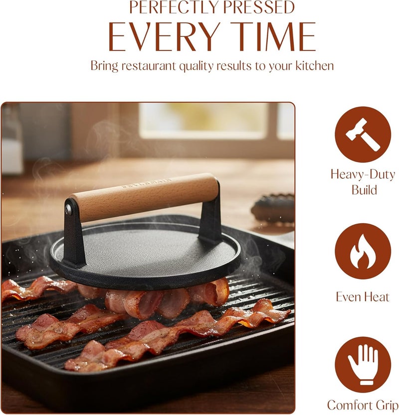 Bellemain Heavy Duty Cast Iron Smash Burger Press 7" Round Grill Press for Cooking Burgers, Bacon, Sandwiches, Steak, BBQ, Ground Beef, Meats, Sausages, and So On - Image 3