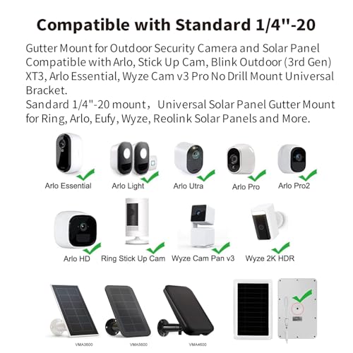 Tonton Gutter Mount for Solar Panel and Outdoor Security Camera Compatible with Ring, Arlo, Eufy, Wyze, Reolink, Google Nest, Blink, Standard 1/4"-20 Mount, Up & Down Version Universal Bracket (White) - Image 3