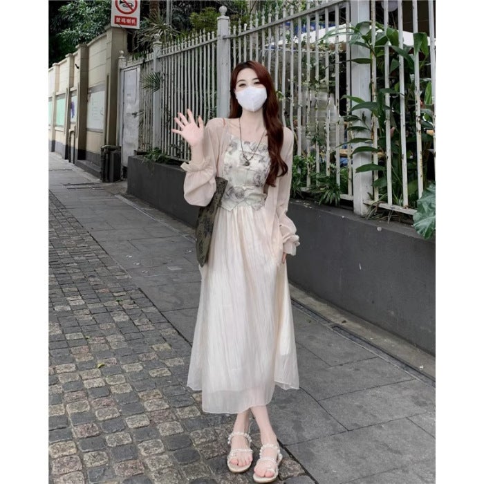 New Chinese-Style Buckle Lightweight Long-Sleeved Sunscreen Cardigan Sling Vest High Waist Skirt Women'S Three-Piece Set - Image 1