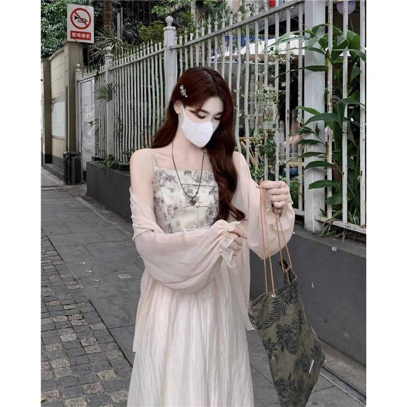 New Chinese-Style Buckle Lightweight Long-Sleeved Sunscreen Cardigan Sling Vest High Waist Skirt Women'S Three-Piece Set - Image 5