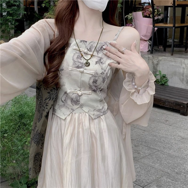 New Chinese-Style Buckle Lightweight Long-Sleeved Sunscreen Cardigan Sling Vest High Waist Skirt Women'S Three-Piece Set - Image 2