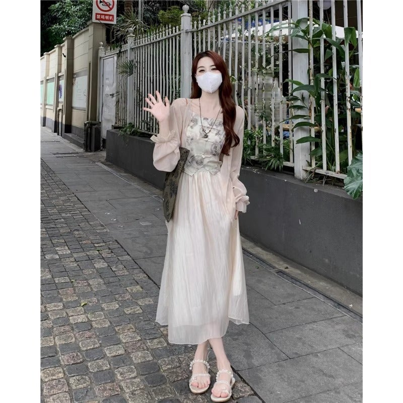 New Chinese-Style Buckle Lightweight Long-Sleeved Sunscreen Cardigan Sling Vest High Waist Skirt Women'S Three-Piece Set - Image 4