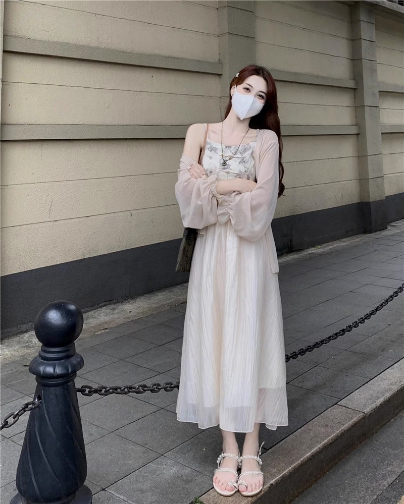 New Chinese-Style Buckle Lightweight Long-Sleeved Sunscreen Cardigan Sling Vest High Waist Skirt Women'S Three-Piece Set - Image 3