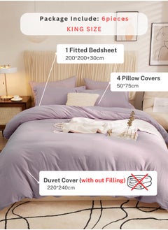 LUNA Home Washable Cotton 6 Piece King Size Duvet Cover Plain Design Lavender  - Image 2