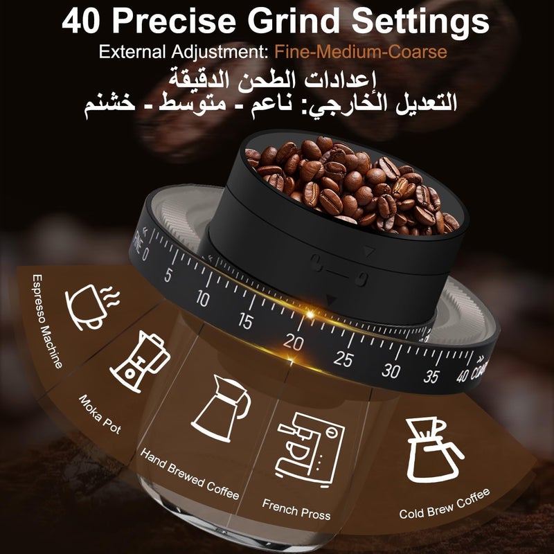 مطحنة قهوة كهربائية مع 40 إعداد طحن قابل للتعديل، قابلة للشحن عبر USB، تصميم محمول، أسود - Image 2