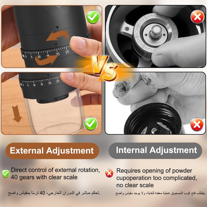 مطحنة قهوة كهربائية مع 40 إعداد طحن قابل للتعديل، قابلة للشحن عبر USB، تصميم محمول، أسود - Image 4