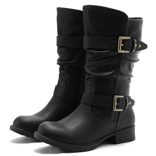 GLOBALWIN Womens Mid Calf Boots Black Fashion Moto Boots For Women With Buckle Straps Side Zipper And Low Block Heel Biker Boots For Fall Spring Winter Size 7M - Image 1