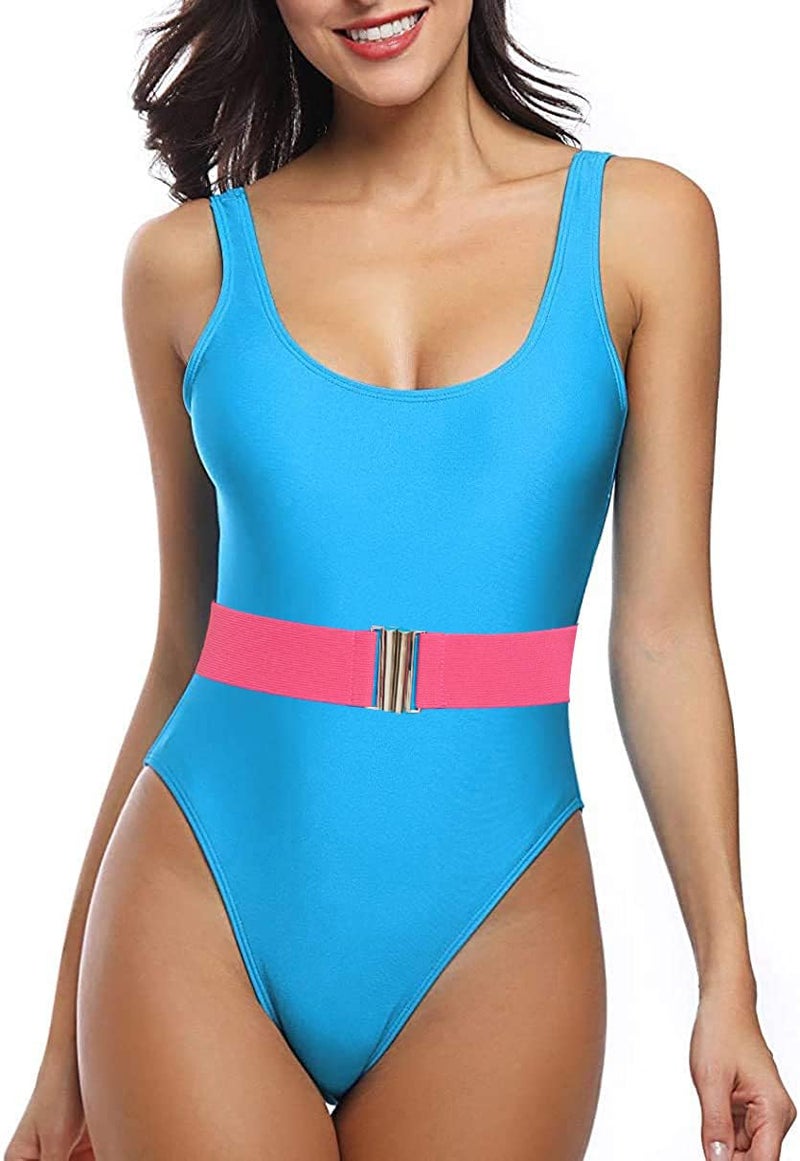 MIAIULIA Women's Retro 80s/90s Inspired High Cut Low Back Padding One Piece Swimwear Bathing Suits Belt Blue XL - Image 1