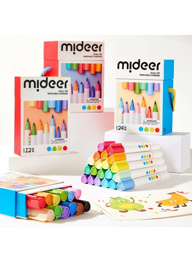 MiDeer أقلام ميدير القابلة للغسل ذات الطرفين 24 لون – مجموعة أقلام تلوين للأطفال مع أطراف رفيعة وعريضة، أقلام رسم غير سامة تعتمد على الماء لمشاريع الفن في مرحلة ما قبل المدرسة واللوازم المدرسية للأعمار من 3 سنوات فما فوق - Image 4