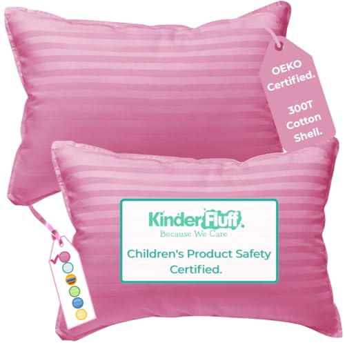 kinder Fluff Toddler Pillow 2XCertified Hypoallergenic Award Winning Baby Pillow no Pillowcase Needed 300TC Pure Cotton Shell and Down Alternative Fill Toddler Bedding Kids Pillow 2 Pink - Image 1