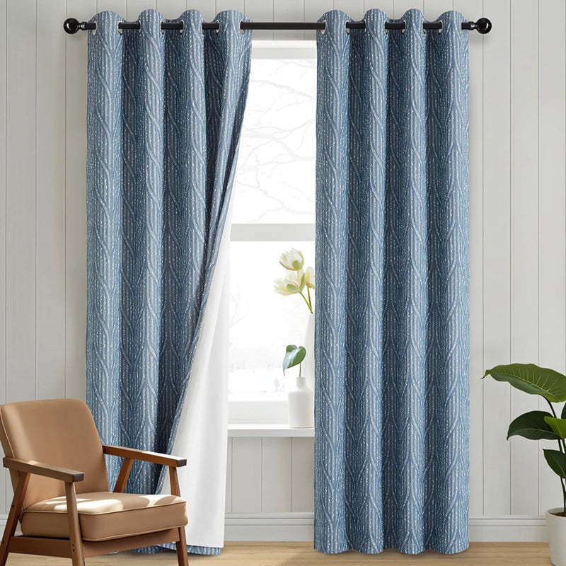 Drapexpert Blue and White 100% Blackout Geometric Jacquard Curtains - Thermal Insulated Noise Reducing Drapes for Bedroom and Living Room, 52" x 96" - Image 2