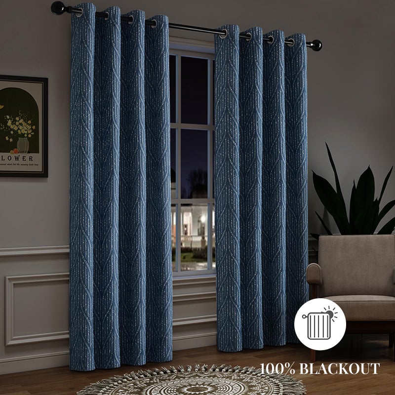 Drapexpert Blue and White 100% Blackout Geometric Jacquard Curtains - Thermal Insulated Noise Reducing Drapes for Bedroom and Living Room, 52" x 96" - Image 3