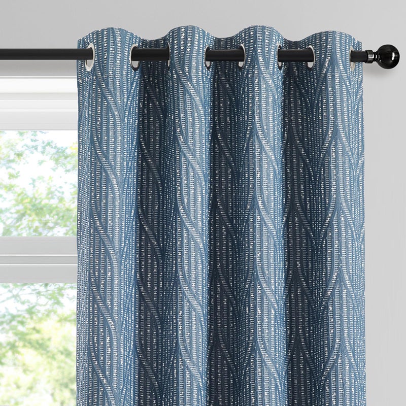 Drapexpert Blue and White 100% Blackout Geometric Jacquard Curtains - Thermal Insulated Noise Reducing Drapes for Bedroom and Living Room, 52" x 96" - Image 1