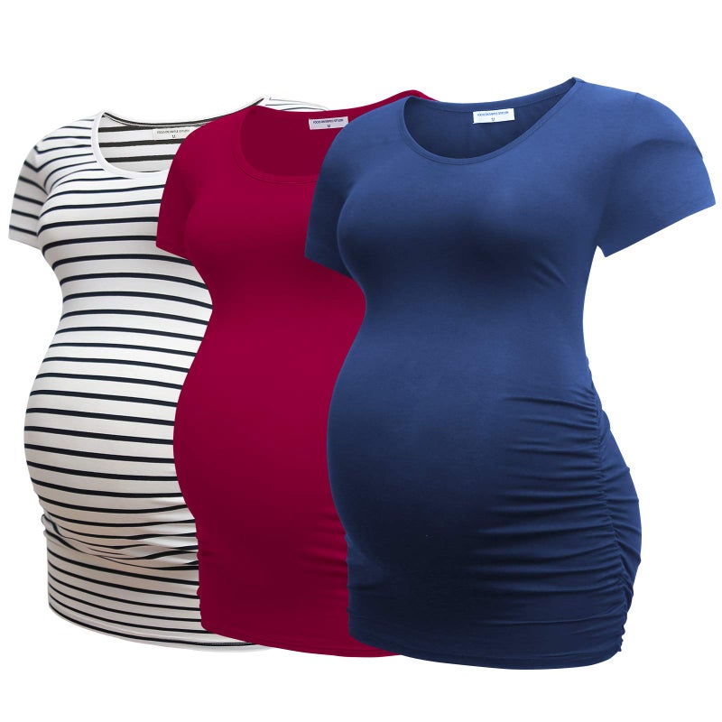 Bearsland Womens Maternity Tshirt 3 Packs Classic Side Ruched Tee Top Mama Pregnancy Clothes,witstripe+red+Blue,L