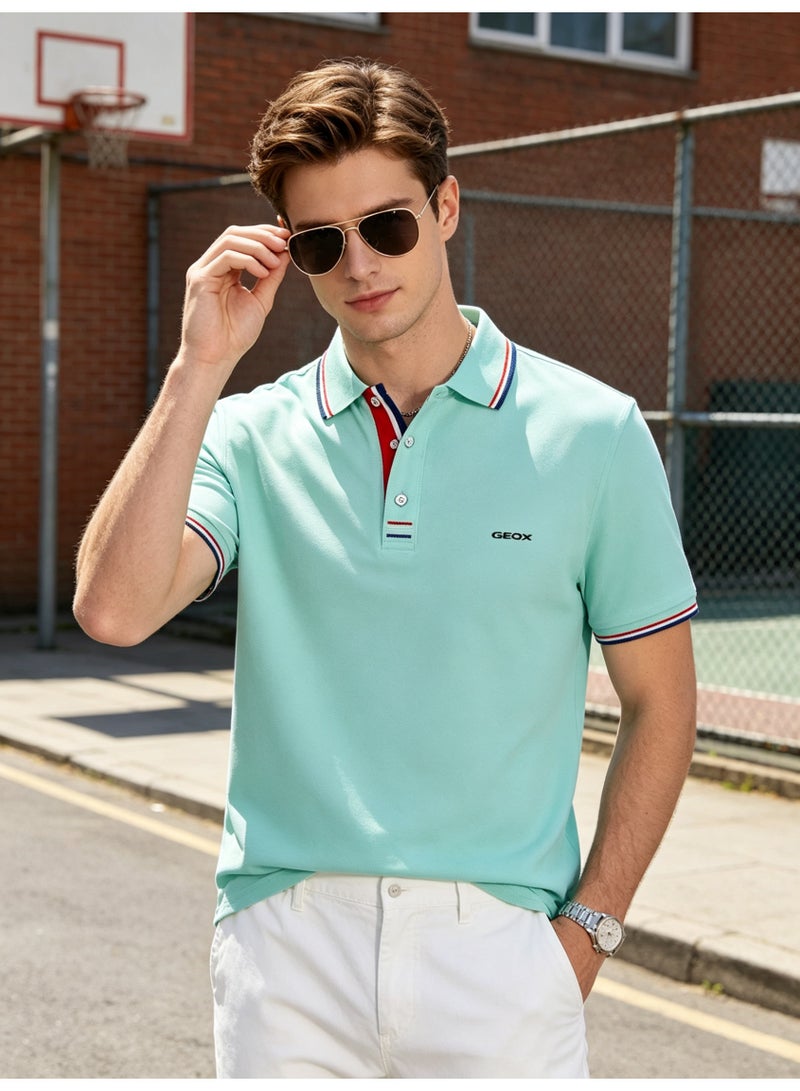 GEOX Unisex Short Sleeve Collar Polo Shirt, Contrast Striped Cuff & Collar, Casual Daily Wear, Light Blue - Image 5