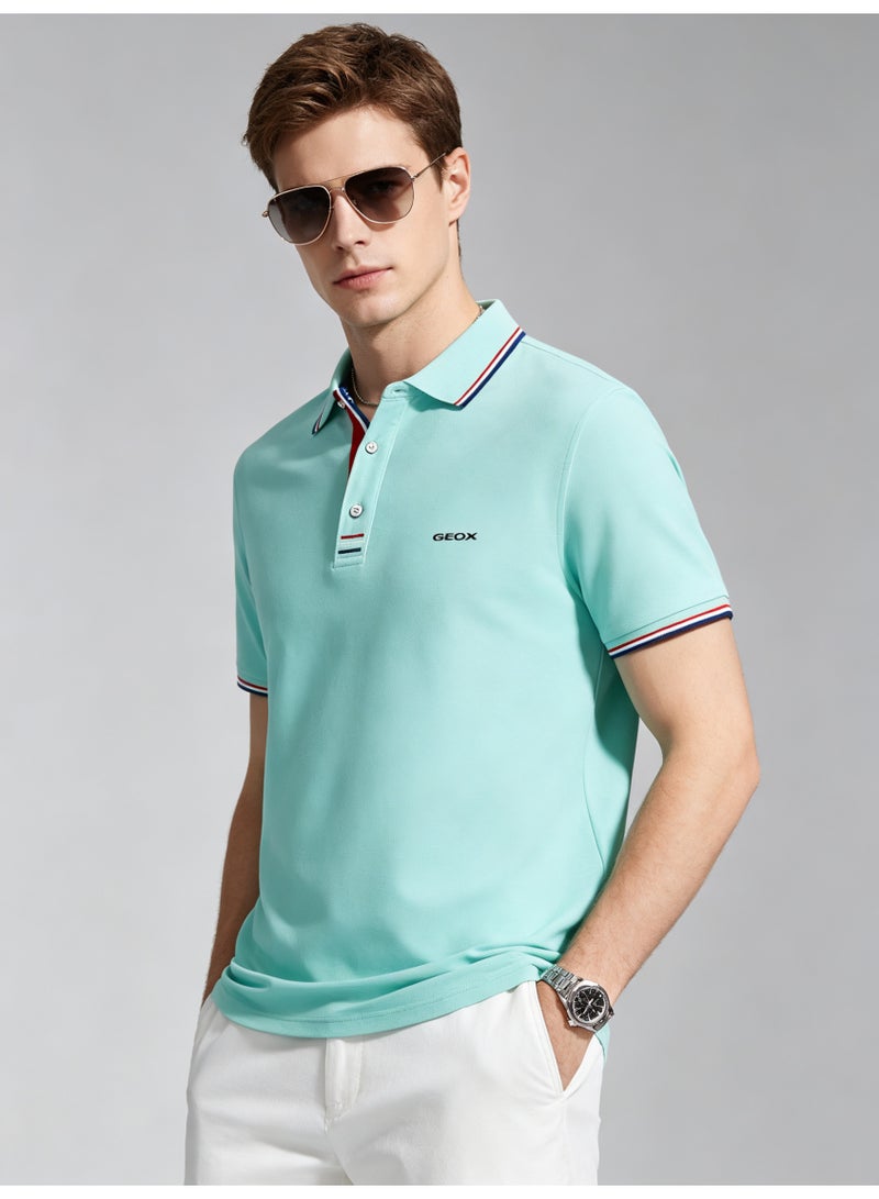 GEOX Unisex Short Sleeve Collar Polo Shirt, Contrast Striped Cuff & Collar, Casual Daily Wear, Light Blue - Image 1