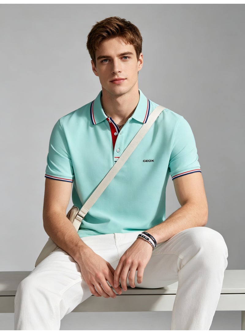 GEOX Unisex Short Sleeve Collar Polo Shirt, Contrast Striped Cuff & Collar, Casual Daily Wear, Light Blue - Image 2