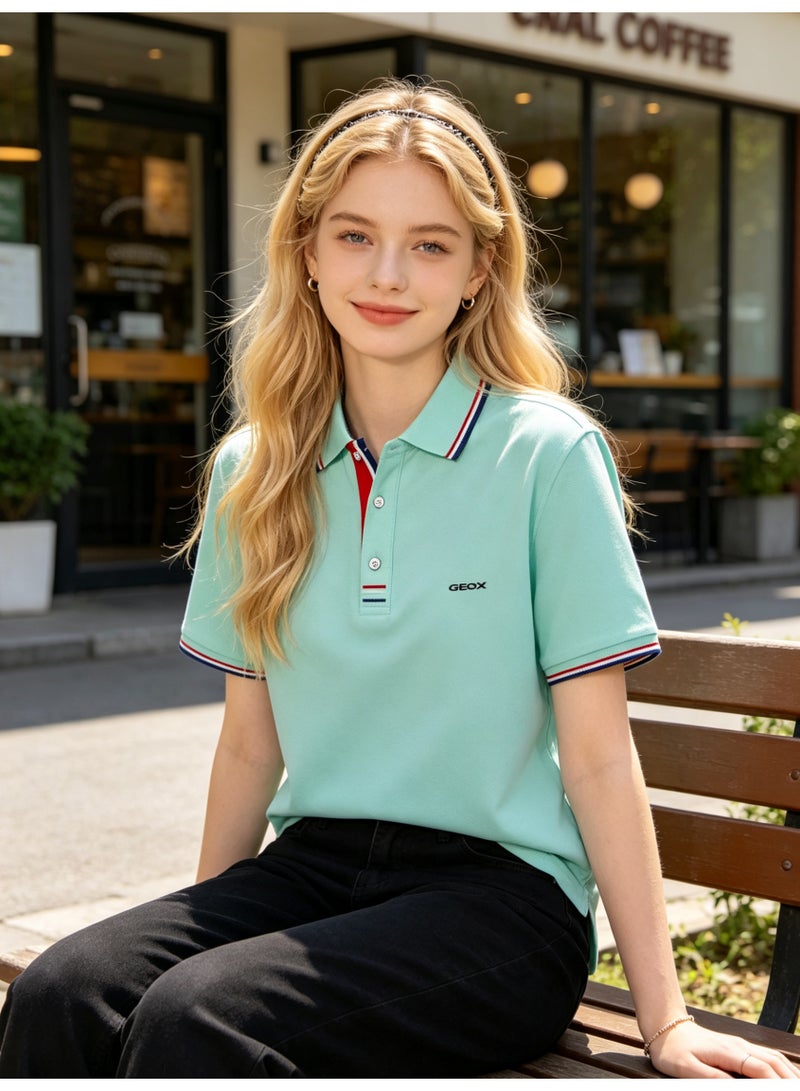 GEOX Unisex Short Sleeve Collar Polo Shirt, Contrast Striped Cuff & Collar, Casual Daily Wear, Light Blue - Image 4
