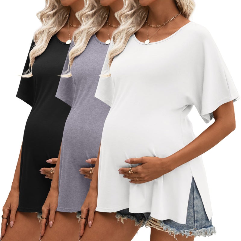 Riyiper 3 Pack Womens Maternity Tunic Shirts Cotton Summer Pregnancy Clothes Loose Oversized Split Side Blouse TopsWhite Light Mixed Gray BlackMedium
