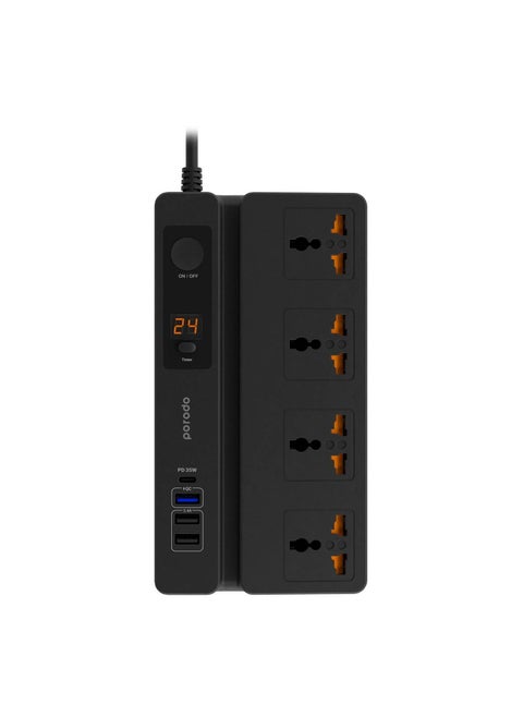 Multi-Function Socket With Phone Stand and Digital Timer 3M, Three USB-A Output Ports Fire-Proof Material Power Strip, 3000 Watts AC Output, Power Button & 24Hr Timer - Black