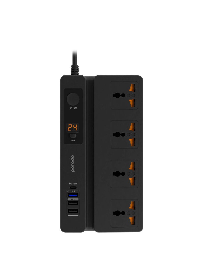 porodo - Multi-Function Socket With Phone Stand and Digital Timer 3M, Three USB-A Output Ports Fire-Proof Material Power Strip, 3000 Watts AC Output, Power Button & 24Hr Timer - Black - Image 1