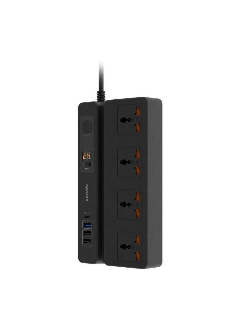 porodo - Multi-Function Socket With Phone Stand and Digital Timer 3M, Three USB-A Output Ports Fire-Proof Material Power Strip, 3000 Watts AC Output, Power Button & 24Hr Timer - Black - Image 1