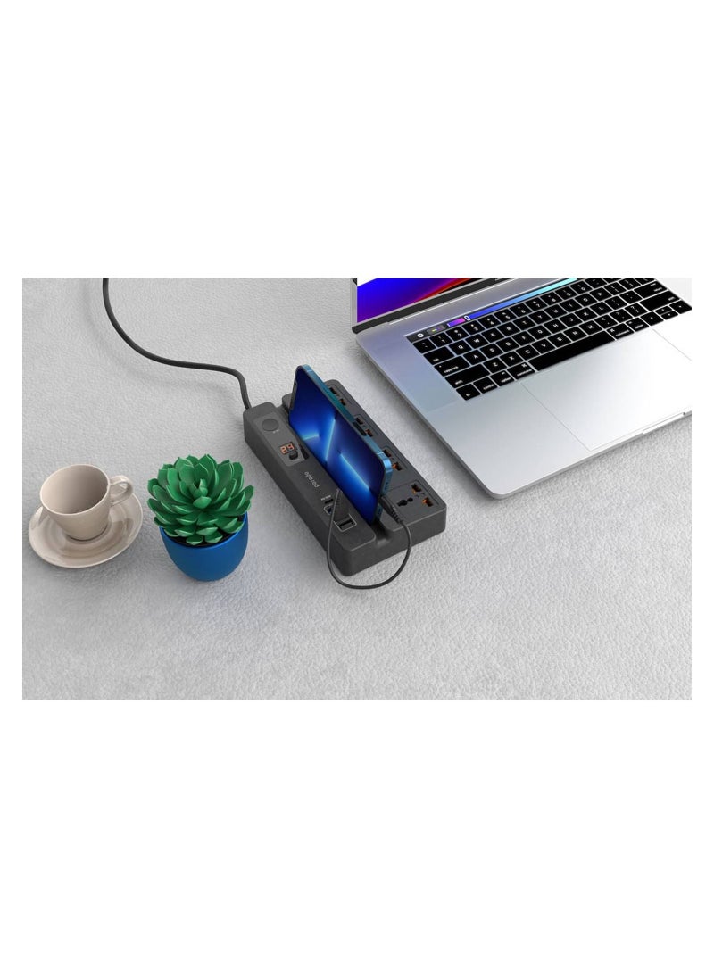 porodo - Multi-Function Socket With Phone Stand and Digital Timer 3M, Three USB-A Output Ports Fire-Proof Material Power Strip, 3000 Watts AC Output, Power Button & 24Hr Timer - Black - Image 1