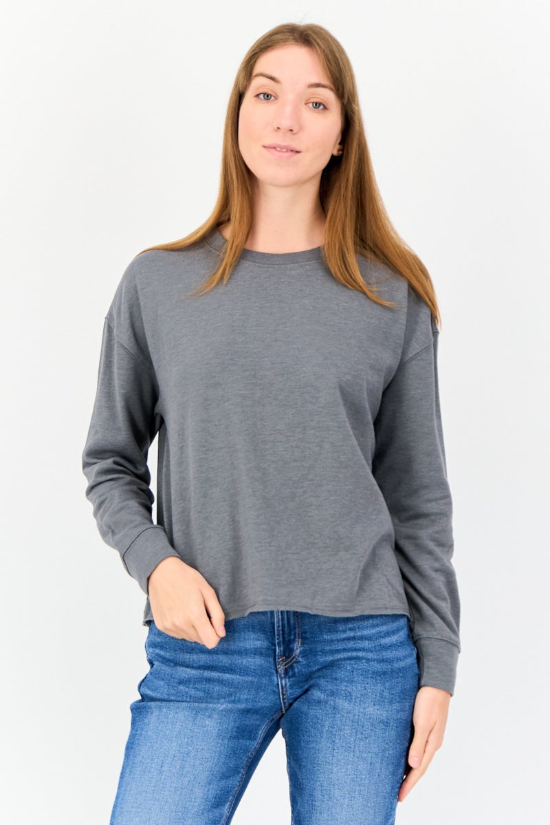 Splendid Women Round Neck Long Sleeves Solid Sweatshirt, Grey - Image 1