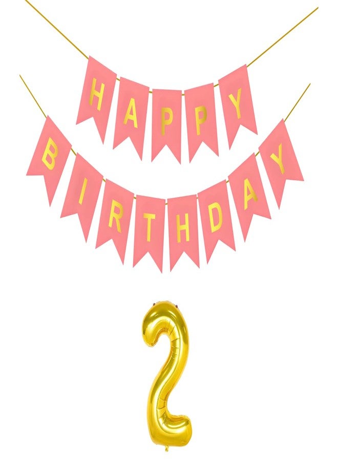 Flyloons 2nd Light Pink Colour Happy Birthday Banner Decoration Kit for 2 year Old Boys Girls Baby | with Number Two | 13 Pcs Reusable Cardstock Happy Birthday Paper Banner