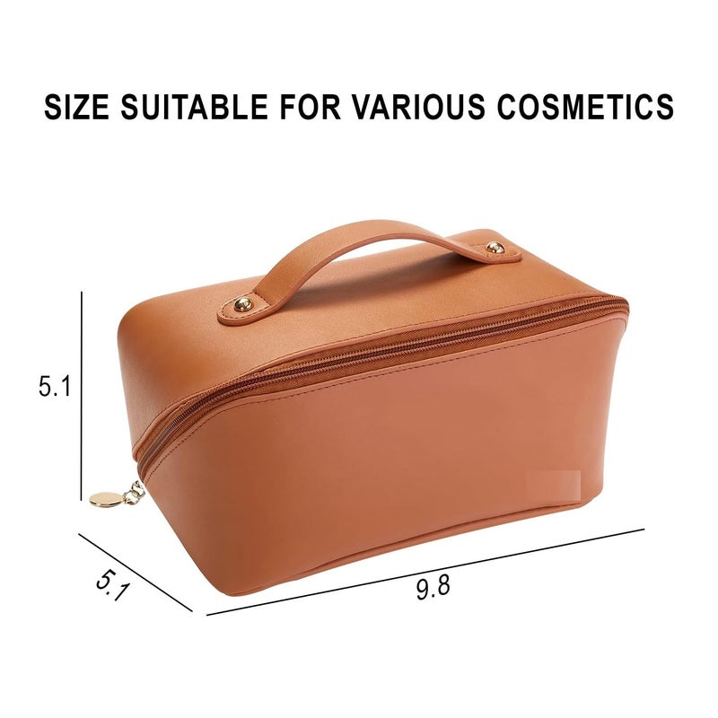 ZEVON Leather Cosmetic Travel Bag Large Capacity Makeup Organizer Bag for Girls Makeup Kit Storage with Handle Wide Opening - Image 2