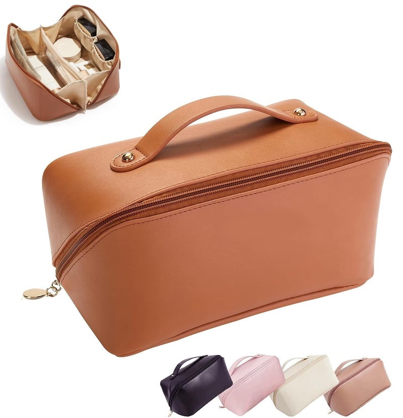 ZEVON Leather Cosmetic Travel Bag Large Capacity Makeup Organizer Bag for Girls Makeup Kit Storage with Handle Wide Opening - Image 1