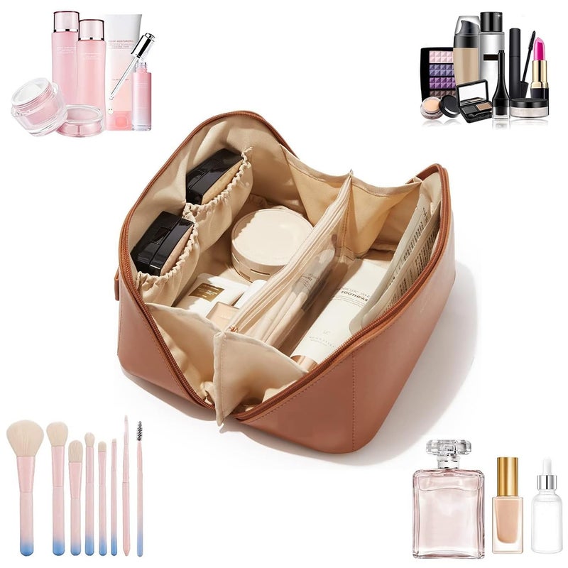 ZEVON Leather Cosmetic Travel Bag Large Capacity Makeup Organizer Bag for Girls Makeup Kit Storage with Handle Wide Opening - Image 4