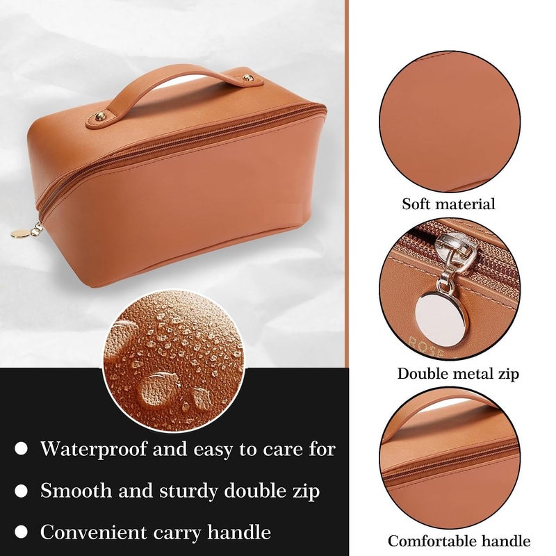 ZEVON Leather Cosmetic Travel Bag Large Capacity Makeup Organizer Bag for Girls Makeup Kit Storage with Handle Wide Opening - Image 3