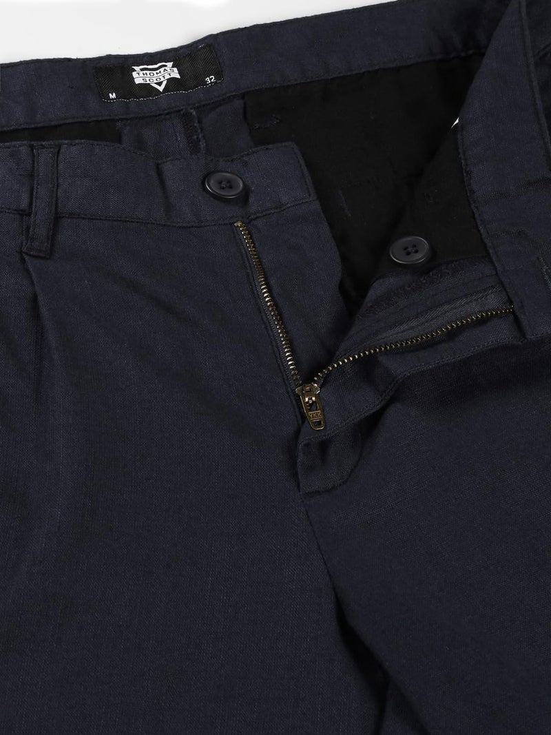 Thomas Scott Men Navy Pleated Cotton Linen Chinos Trousers (Navy, 36) - Image 5