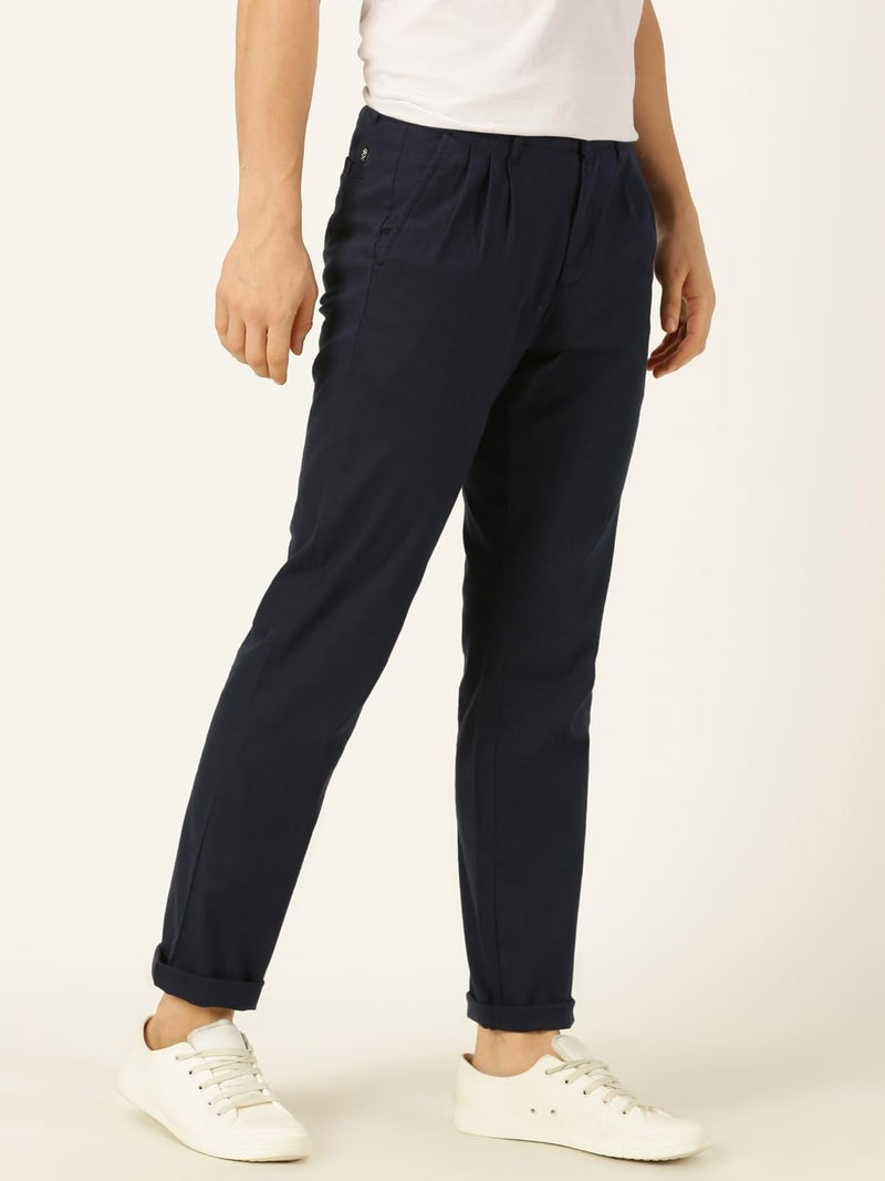 Thomas Scott Men Navy Pleated Cotton Linen Chinos Trousers (Navy, 36) - Image 3