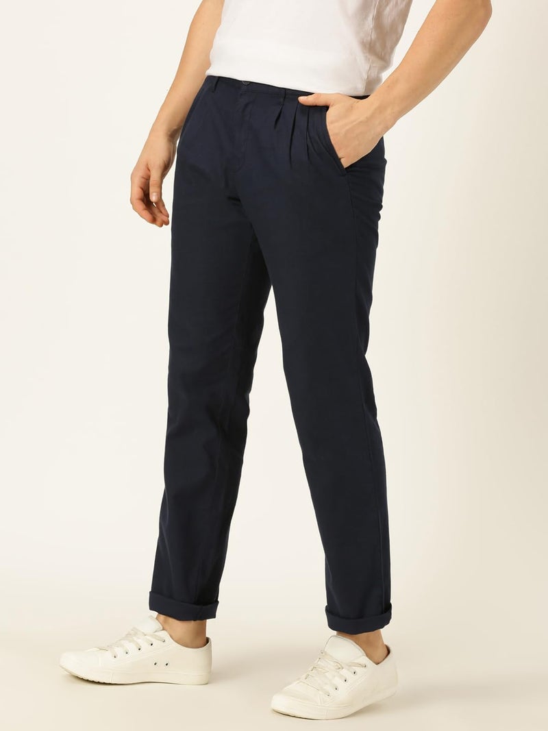 Thomas Scott Men Navy Pleated Cotton Linen Chinos Trousers (Navy, 36) - Image 2