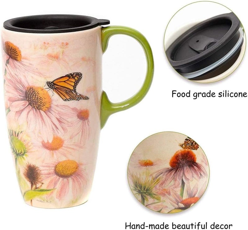 Topadorn Coffee Ceramic Mug Porcelain Latte Tea Cup With Lid 17ozNovelty Coffee Mugs for Office  Home Pink - Image 5