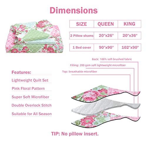 Cmfshape Summer Floral Queen Quilted Bedspread,Romantic Pink Quilt Set Bedding,Reversible Stitched Bedding Set All Season,Soft Lightweight Coverlet with Pillow Cases (Pink&Green, Queen90 x90) - Image 5